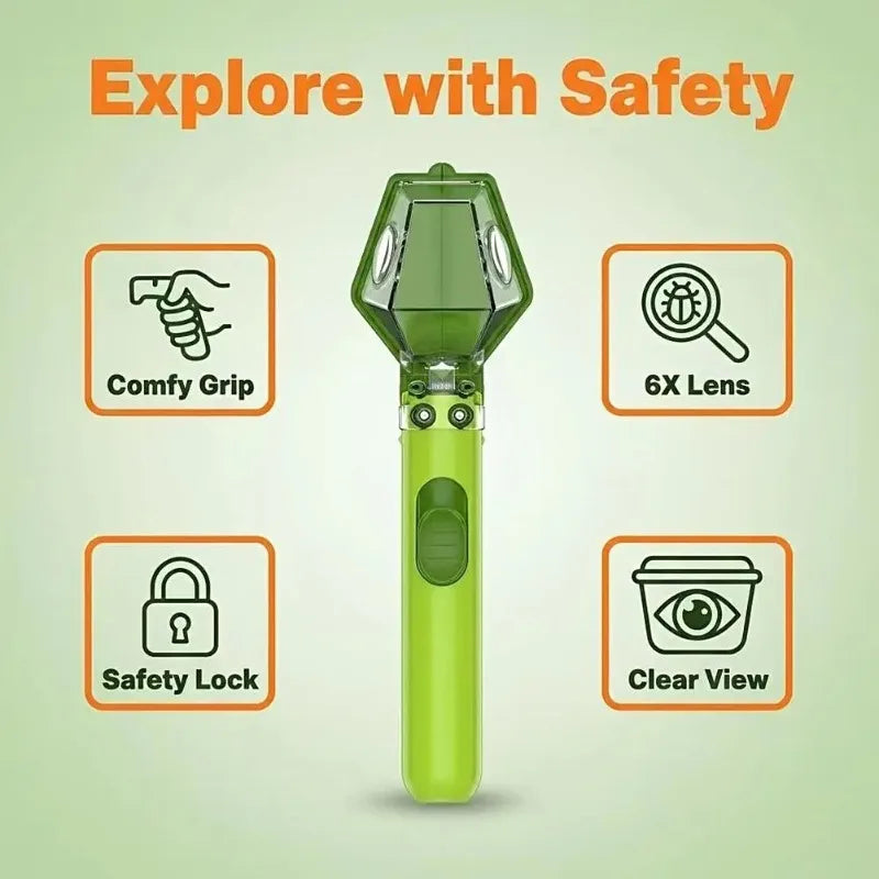 Insect catcher features: grip, 6X lens, safety lock and clear view