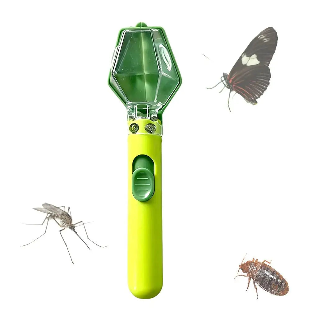 Green handheld insect catcher with 6X magnifier and observation chamber
